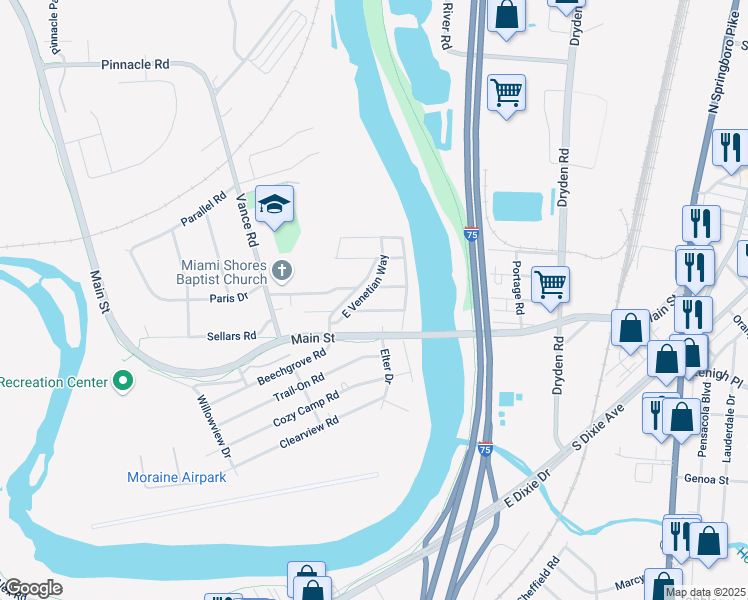 map of restaurants, bars, coffee shops, grocery stores, and more near 3221 Outdoor Road in Moraine