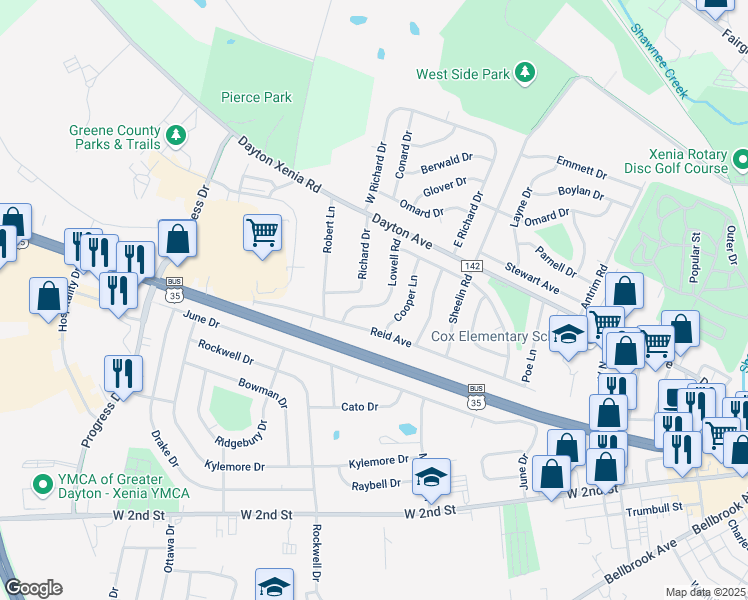 map of restaurants, bars, coffee shops, grocery stores, and more near 158 Lowell Road in Xenia