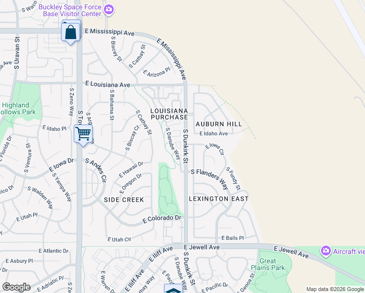 map of restaurants, bars, coffee shops, grocery stores, and more near 19278 East Gunnison Place in Aurora