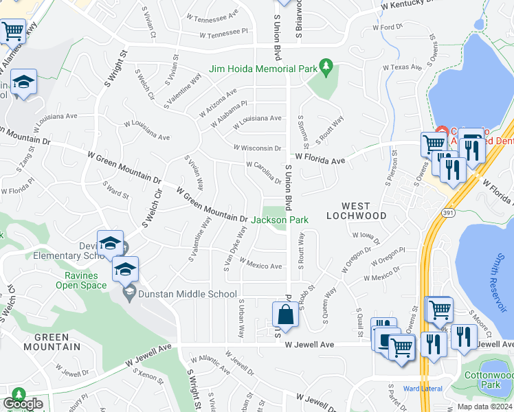 map of restaurants, bars, coffee shops, grocery stores, and more near 1525 South Urban Way in Lakewood