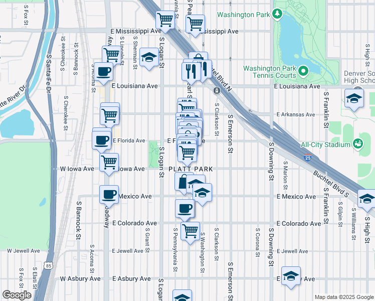 map of restaurants, bars, coffee shops, grocery stores, and more near 1527 South Pearl Street in Denver