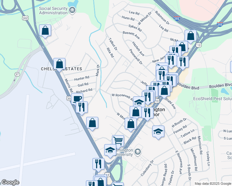 map of restaurants, bars, coffee shops, grocery stores, and more near 232 West Roosevelt Avenue in Wilmington Manor