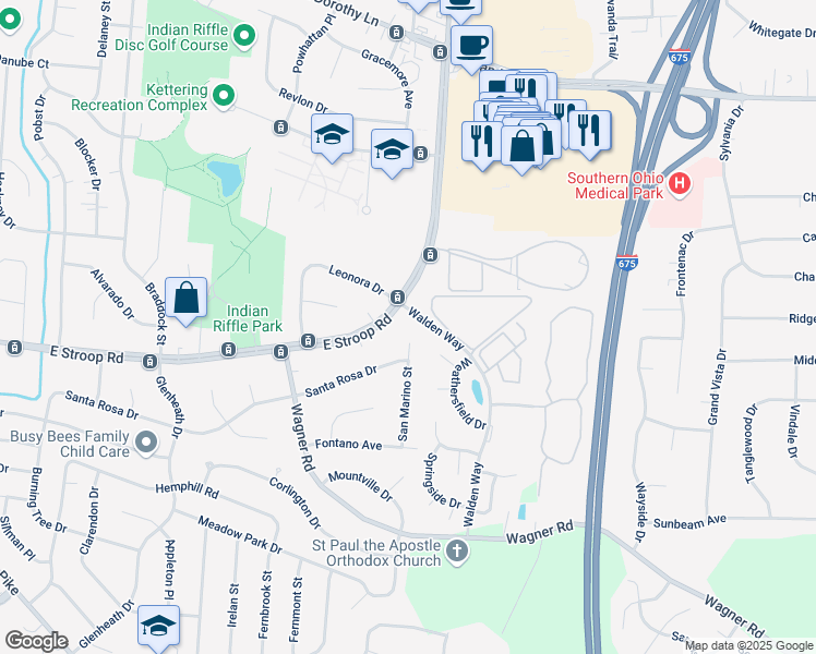 map of restaurants, bars, coffee shops, grocery stores, and more near 3170 East Stroop Road in Kettering