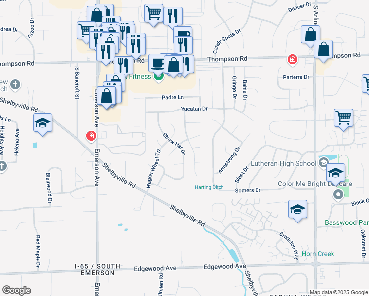 map of restaurants, bars, coffee shops, grocery stores, and more near 5419 Straw Hat Drive in Indianapolis