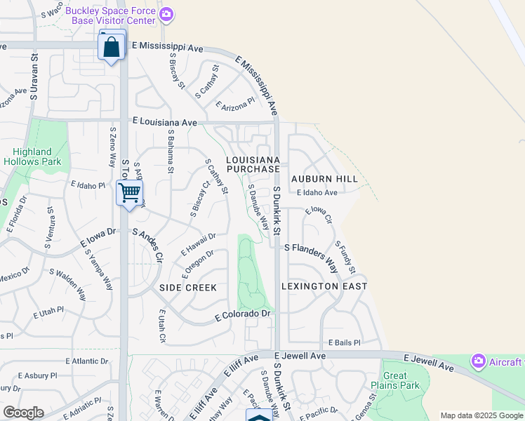 map of restaurants, bars, coffee shops, grocery stores, and more near 1523 South Danube Way in Aurora