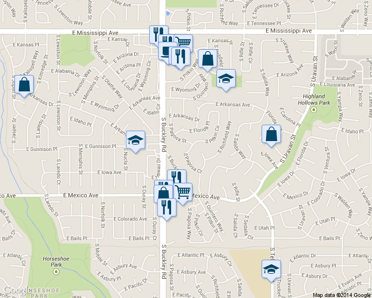map of restaurants, bars, coffee shops, grocery stores, and more near 1602 South Pagosa Court in Aurora