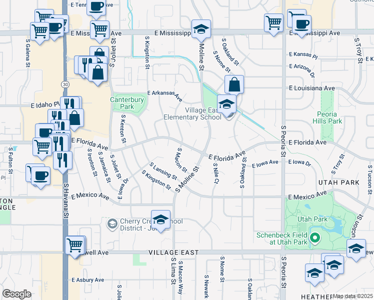 map of restaurants, bars, coffee shops, grocery stores, and more near 1520 South Macon Street in Aurora