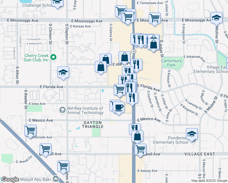 map of restaurants, bars, coffee shops, grocery stores, and more near 1555 South Havana Street in Aurora
