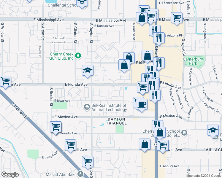 map of restaurants, bars, coffee shops, grocery stores, and more near 1530 South Florence Way in Denver