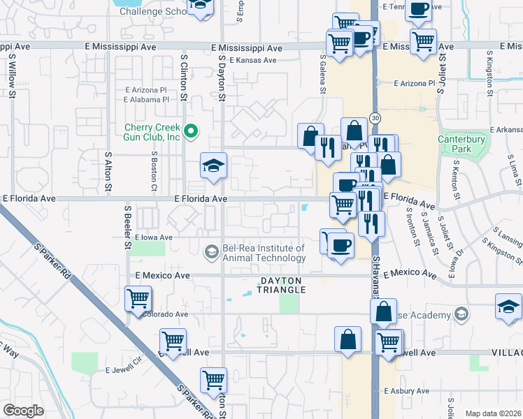 map of restaurants, bars, coffee shops, grocery stores, and more near 1530 South Florence Way in Denver