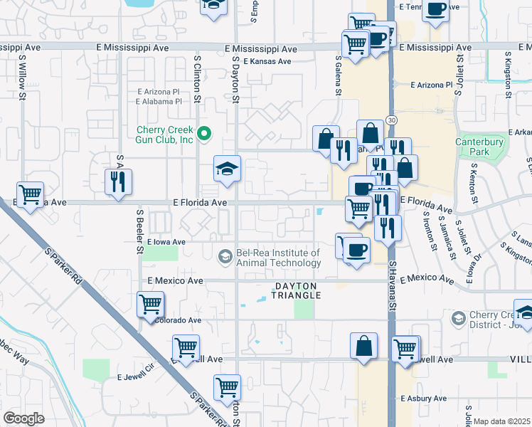 map of restaurants, bars, coffee shops, grocery stores, and more near 1500 South Dayton Street in Aurora