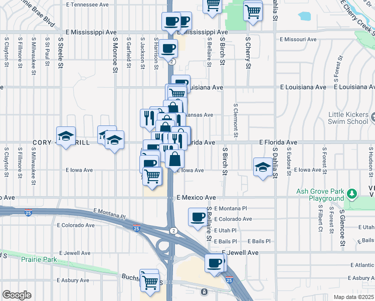 map of restaurants, bars, coffee shops, grocery stores, and more near 1533 South Ash Street in Denver