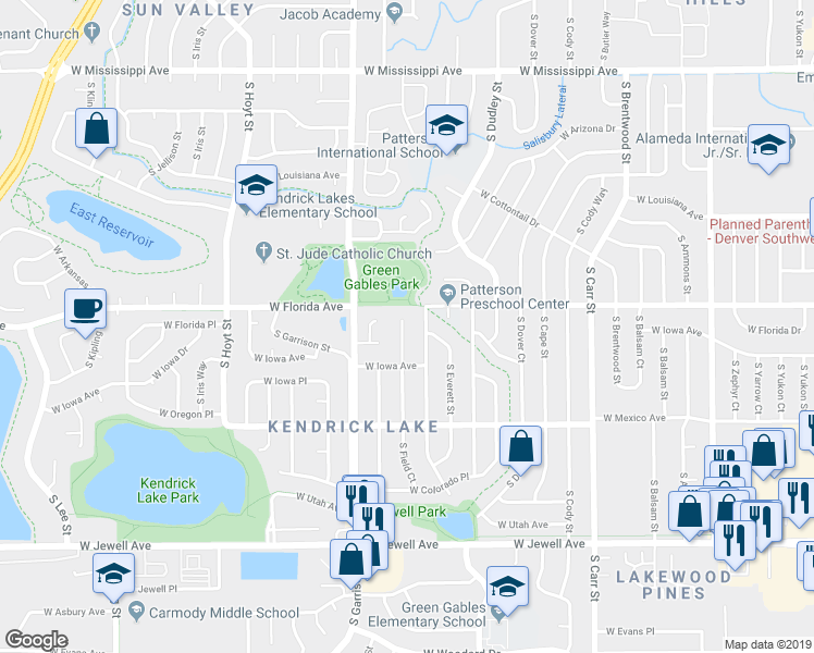 map of restaurants, bars, coffee shops, grocery stores, and more near 1555 South Endicott Street in Denver