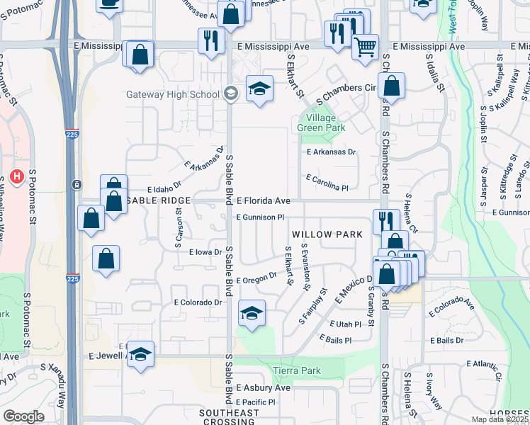map of restaurants, bars, coffee shops, grocery stores, and more near 14663 East Gunnison Place in Aurora