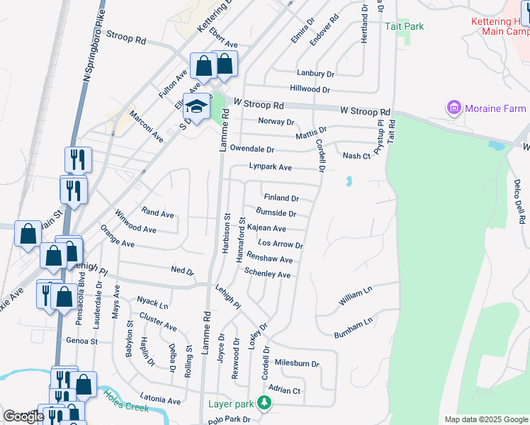 map of restaurants, bars, coffee shops, grocery stores, and more near 2235 Burnside Drive in Dayton