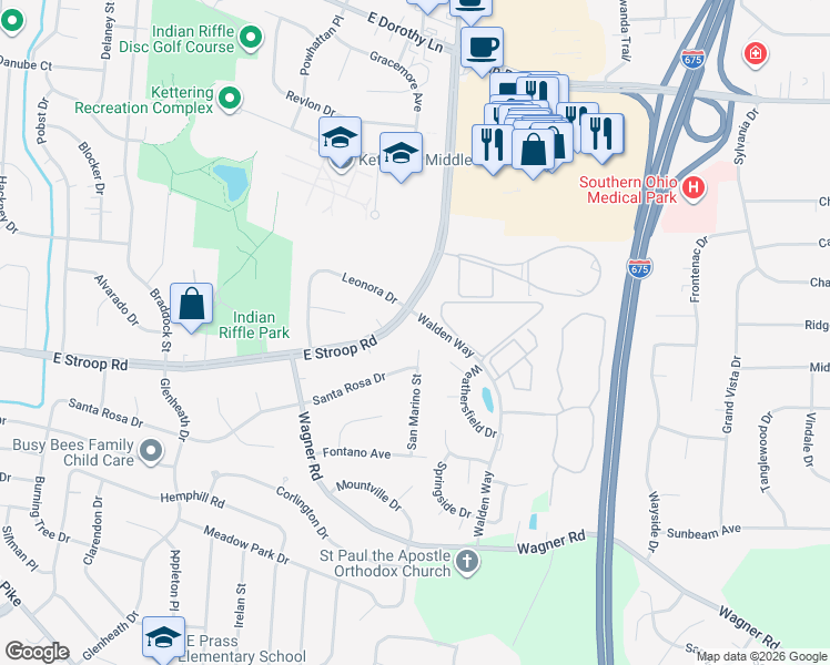 map of restaurants, bars, coffee shops, grocery stores, and more near 3170 East Stroop Road in Kettering