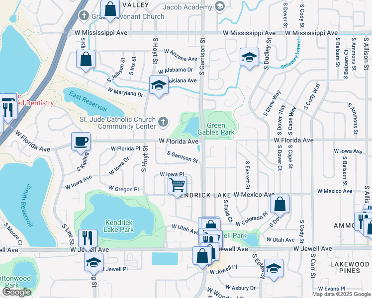 map of restaurants, bars, coffee shops, grocery stores, and more near 9350 West Florida Avenue in Lakewood