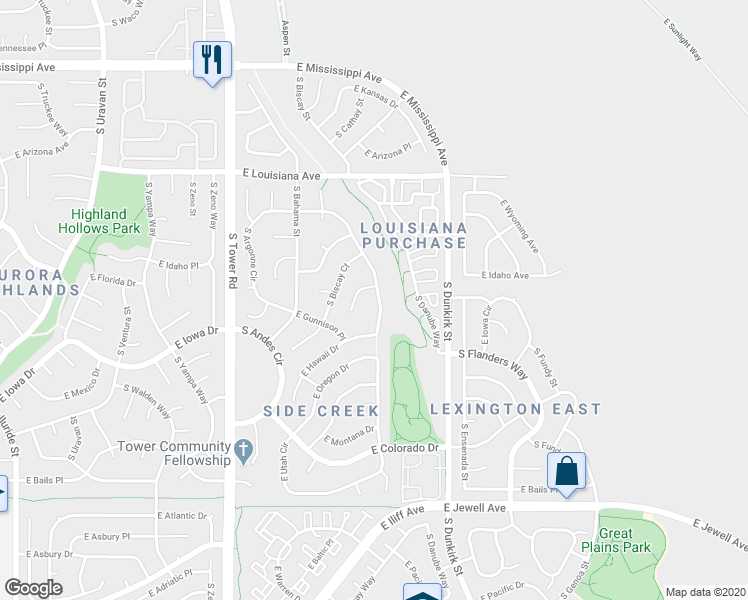 map of restaurants, bars, coffee shops, grocery stores, and more near 1441 South Cathay Street in Aurora