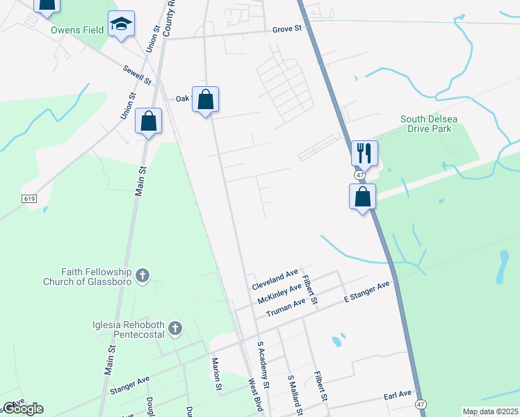 map of restaurants, bars, coffee shops, grocery stores, and more near 701 Pershing Street in Glassboro