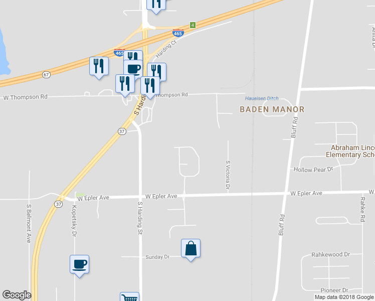 map of restaurants, bars, coffee shops, grocery stores, and more near 1327 Cliff Ridge Lane in Indianapolis