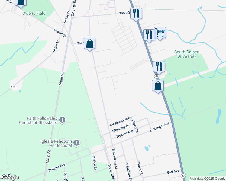 map of restaurants, bars, coffee shops, grocery stores, and more near 701 Pershing Street in Glassboro