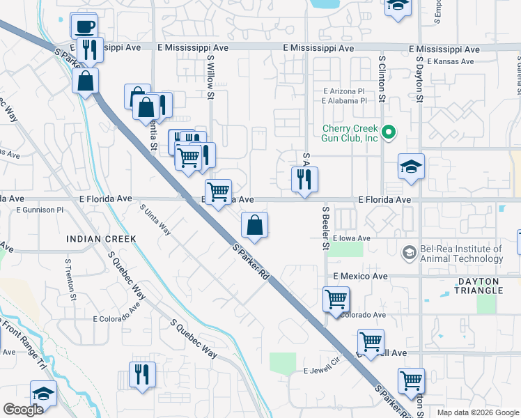 map of restaurants, bars, coffee shops, grocery stores, and more near 8826 East Florida Avenue in Denver