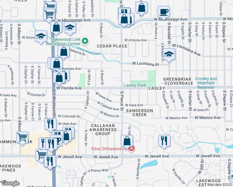 map of restaurants, bars, coffee shops, grocery stores, and more near 6900 West Airview Avenue in Lakewood