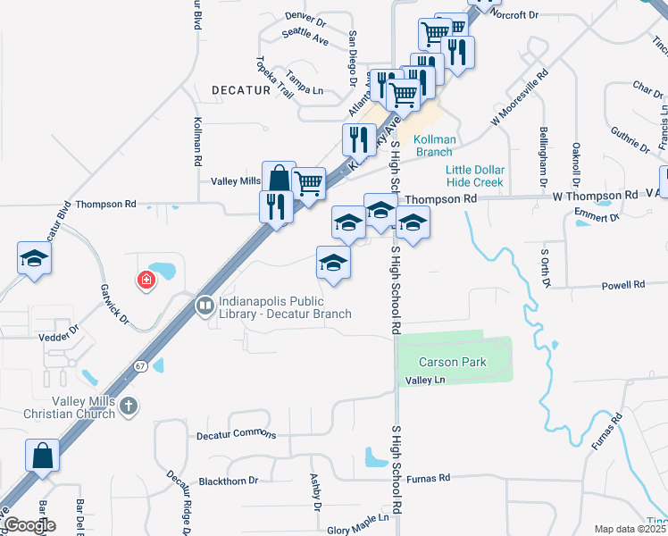 map of restaurants, bars, coffee shops, grocery stores, and more near 5108 South High School Road in Indianapolis
