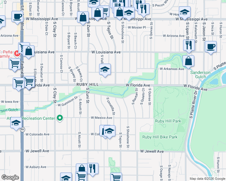 map of restaurants, bars, coffee shops, grocery stores, and more near 2000 West Florida Avenue in Denver