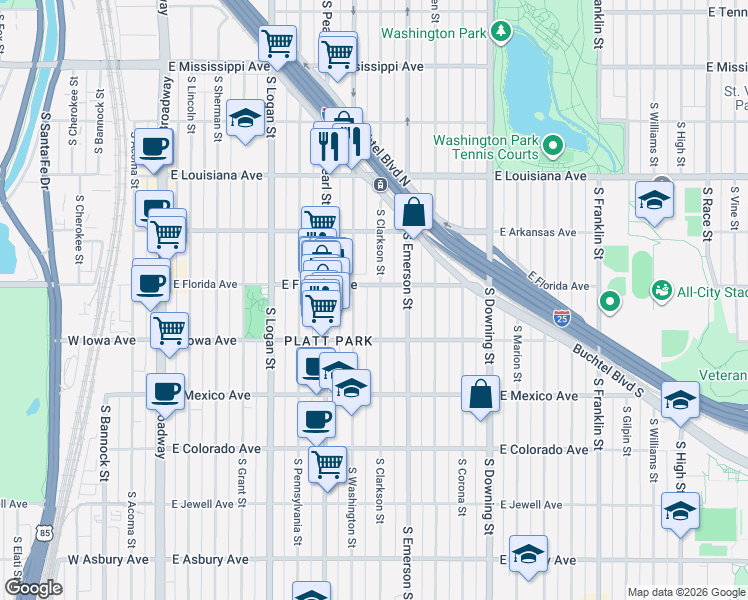 map of restaurants, bars, coffee shops, grocery stores, and more near 1548 South Washington Street in Denver