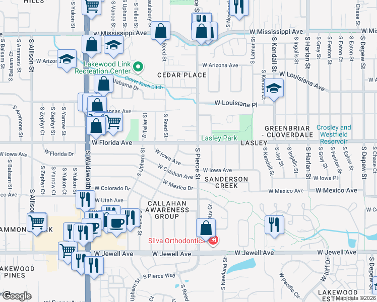 map of restaurants, bars, coffee shops, grocery stores, and more near 6900 West Airview Avenue in Lakewood