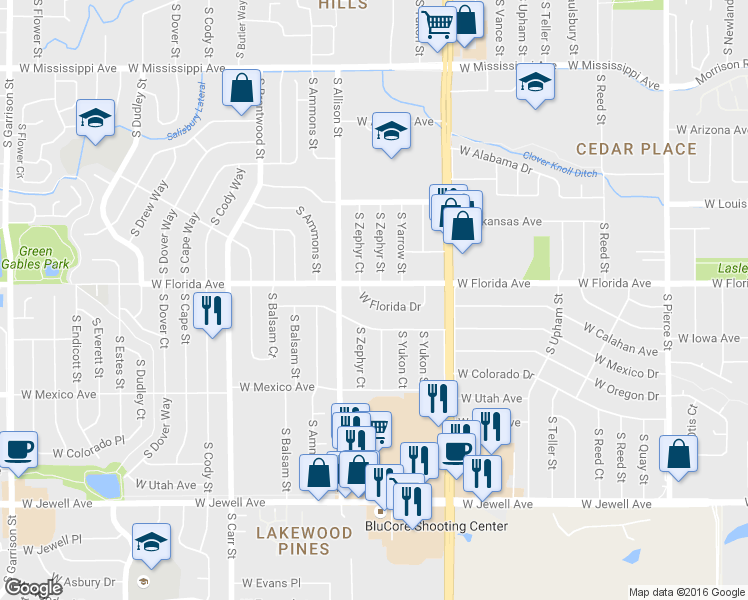 map of restaurants, bars, coffee shops, grocery stores, and more near 7802 West Florida Drive in Lakewood