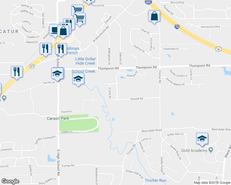 map of restaurants, bars, coffee shops, grocery stores, and more near 5159 South Orth Drive in Indianapolis