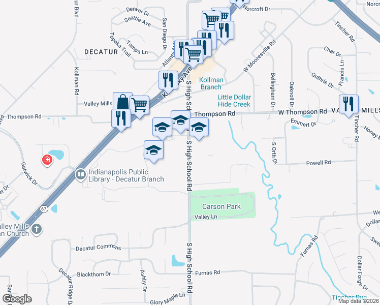 map of restaurants, bars, coffee shops, grocery stores, and more near 5106 South High School Road in Indianapolis