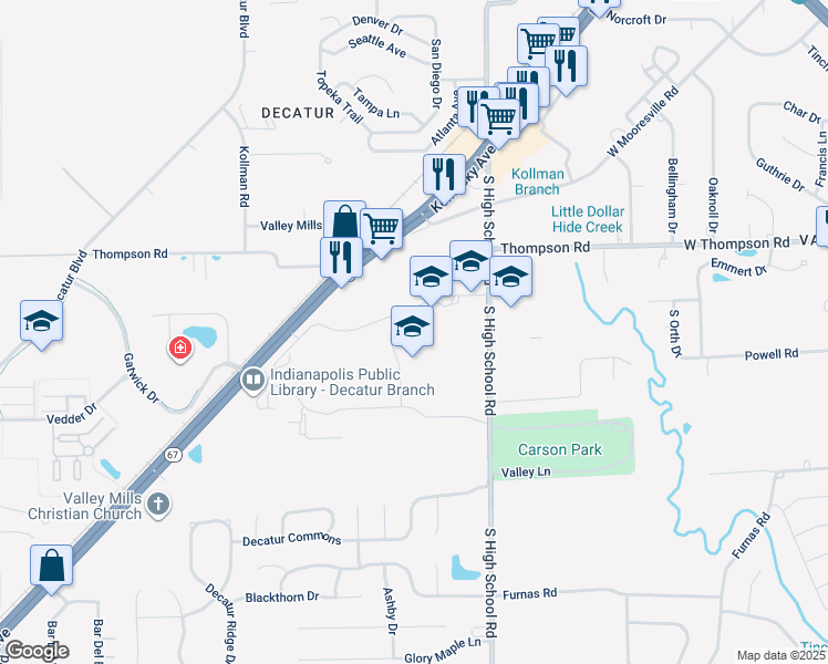 map of restaurants, bars, coffee shops, grocery stores, and more near 5240 West High School Road in Indianapolis