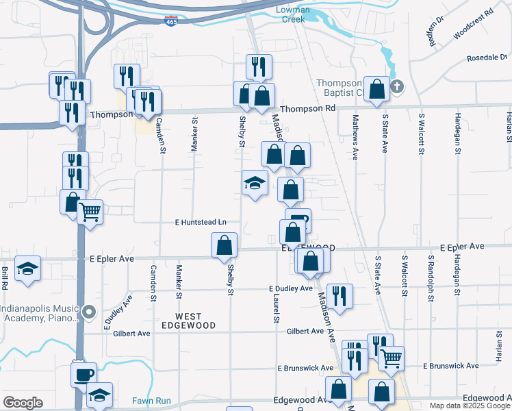 map of restaurants, bars, coffee shops, grocery stores, and more near 5391 Shelby Street in Indianapolis