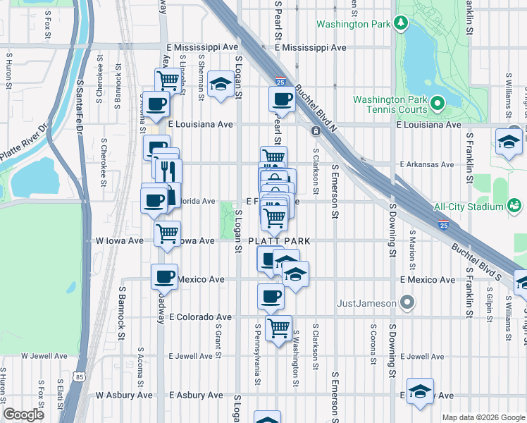 map of restaurants, bars, coffee shops, grocery stores, and more near 1545 South Pennsylvania Street in Denver