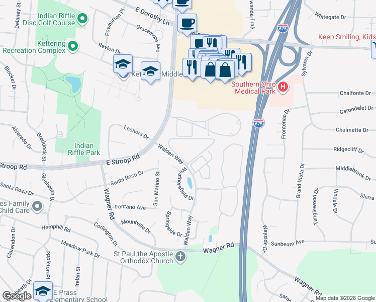map of restaurants, bars, coffee shops, grocery stores, and more near 280 Walden Way in Kettering