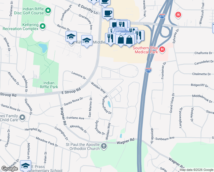 map of restaurants, bars, coffee shops, grocery stores, and more near 280 Walden Way in Kettering