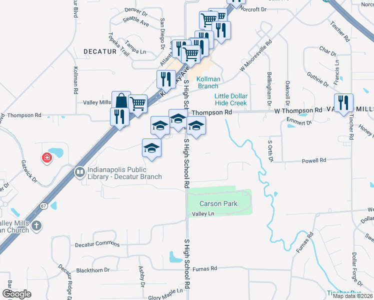 map of restaurants, bars, coffee shops, grocery stores, and more near 5106 South High School Road in Indianapolis