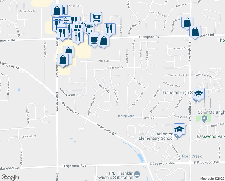 map of restaurants, bars, coffee shops, grocery stores, and more near 5406 Chisolm Trail in Indianapolis