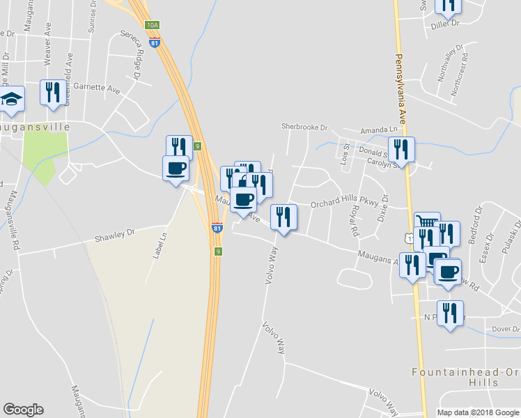 map of restaurants, bars, coffee shops, grocery stores, and more near 13609 Crayton Boulevard in Hagerstown