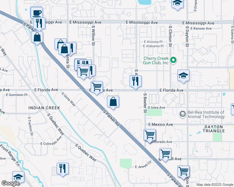 map of restaurants, bars, coffee shops, grocery stores, and more near 8826 East Florida Avenue in Denver