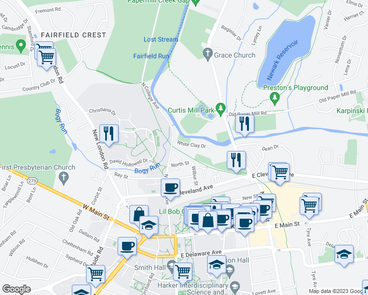 map of restaurants, bars, coffee shops, grocery stores, and more near 7 White Clay Drive in Newark
