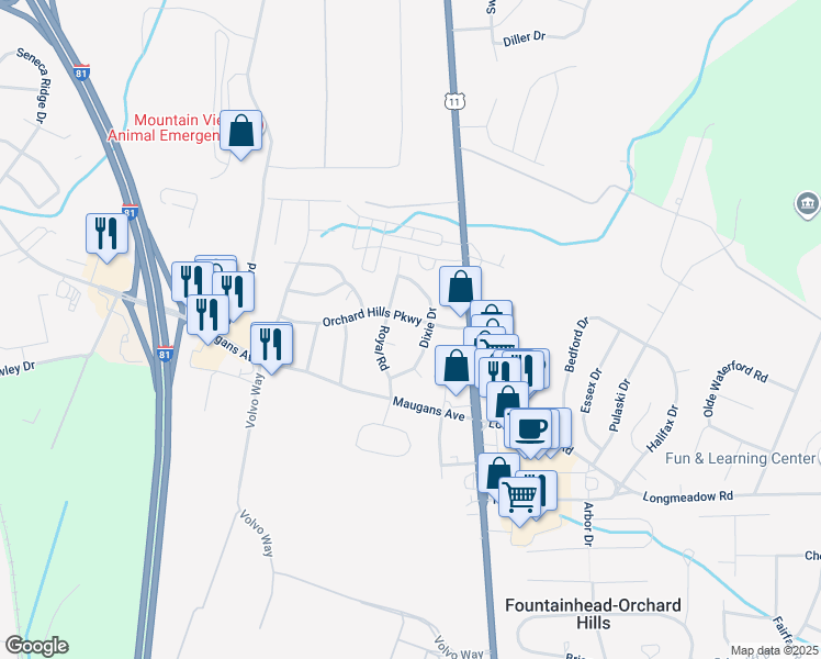 map of restaurants, bars, coffee shops, grocery stores, and more near 18611 Orchard Hills Parkway in Hagerstown