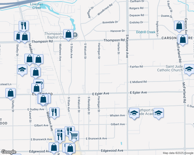 map of restaurants, bars, coffee shops, grocery stores, and more near 5110 Hardegan Street in Indianapolis