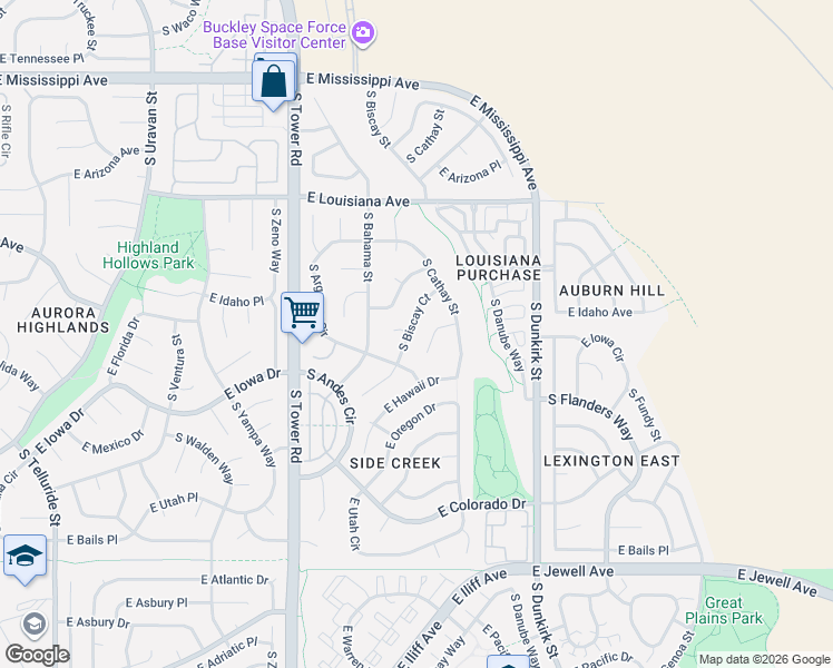 map of restaurants, bars, coffee shops, grocery stores, and more near 1493 South Cathay Way in Aurora