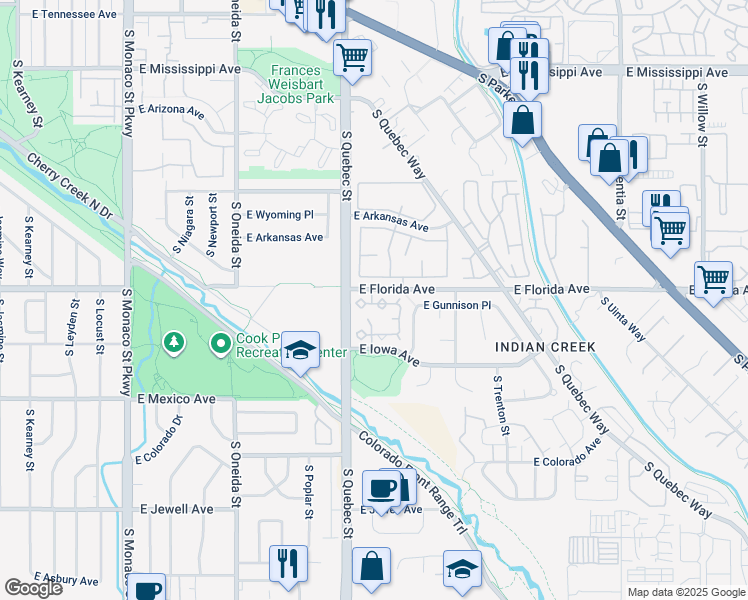 map of restaurants, bars, coffee shops, grocery stores, and more near 7373 East Iowa Avenue in Denver