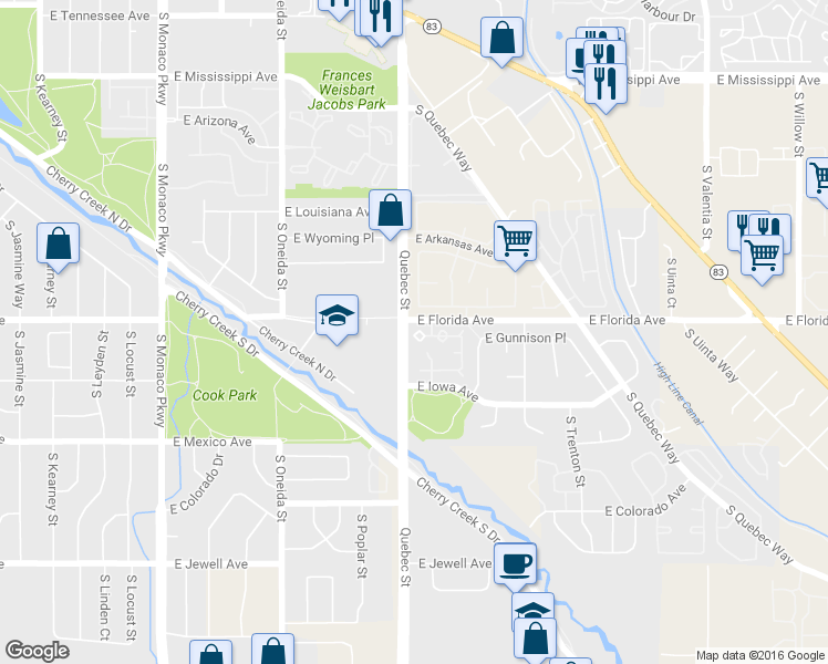 map of restaurants, bars, coffee shops, grocery stores, and more near 7373 East Iowa Avenue in Denver