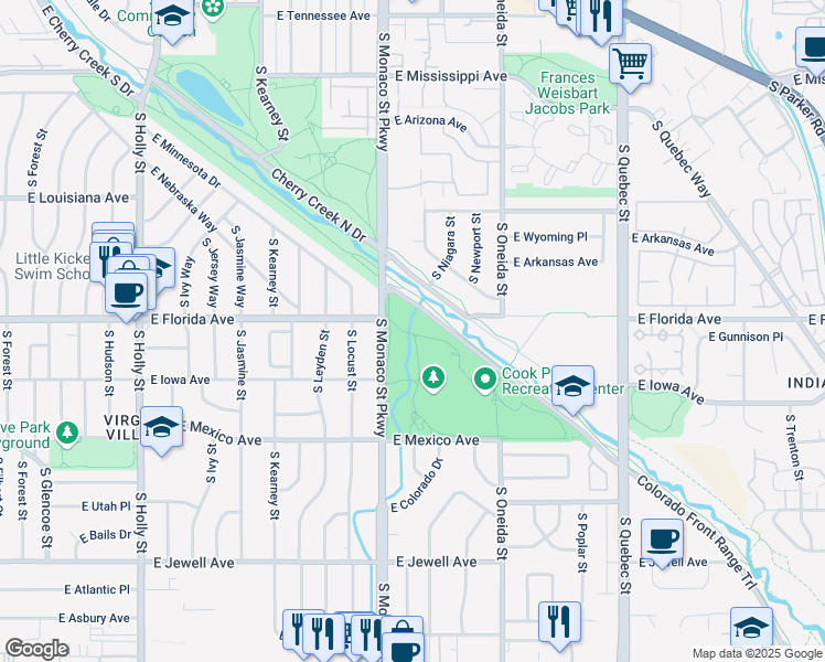 map of restaurants, bars, coffee shops, grocery stores, and more near 1400 South Monaco Parkway in Denver